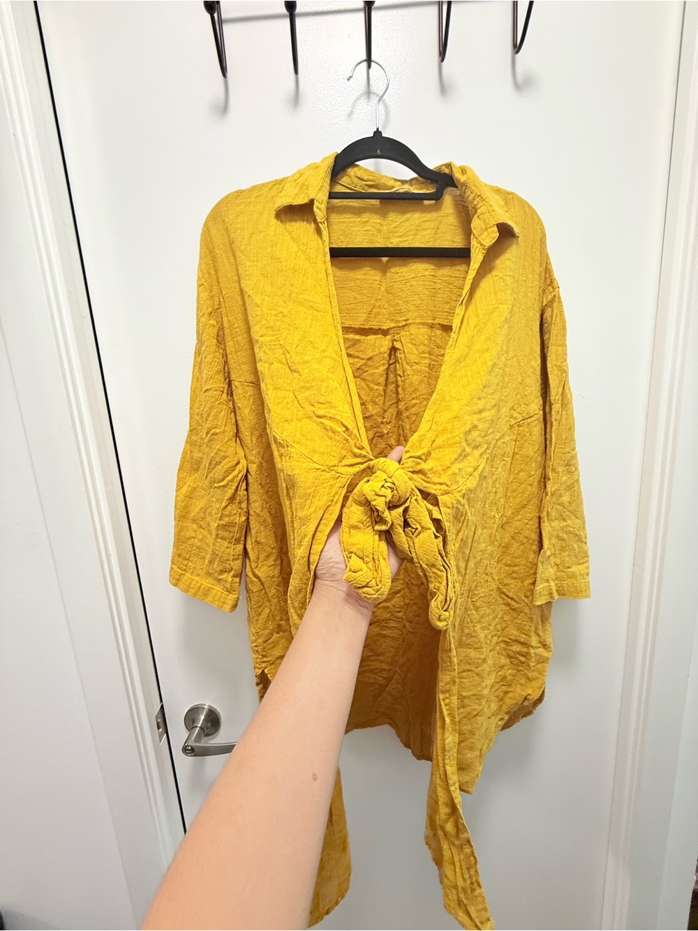 Pull & Bear Mustard Yellow Crinkled Cotton Tie Front Tunic Blouse L